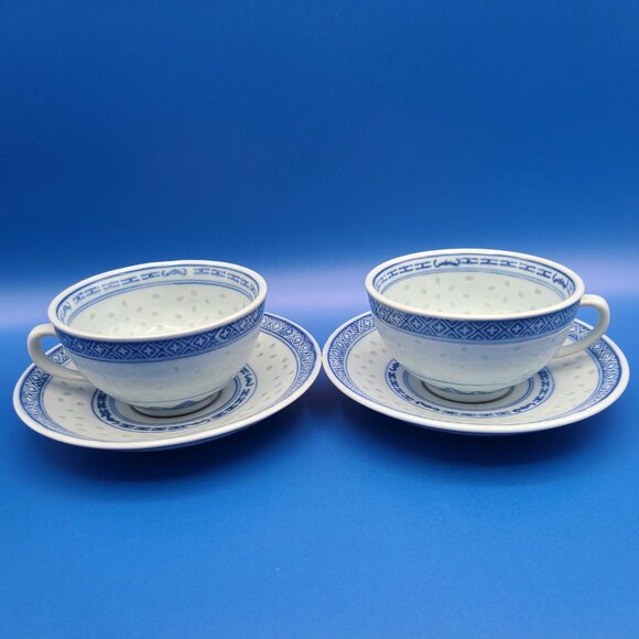 2 Vintage Jingdezhen China Rice Grain Blue White Porcelain Cups Saucer - Picture 2 of 9